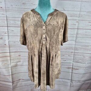 Shannon Ford Womens Top Sz 1X Champagne Brown Studded Embroidered Forest Fairy